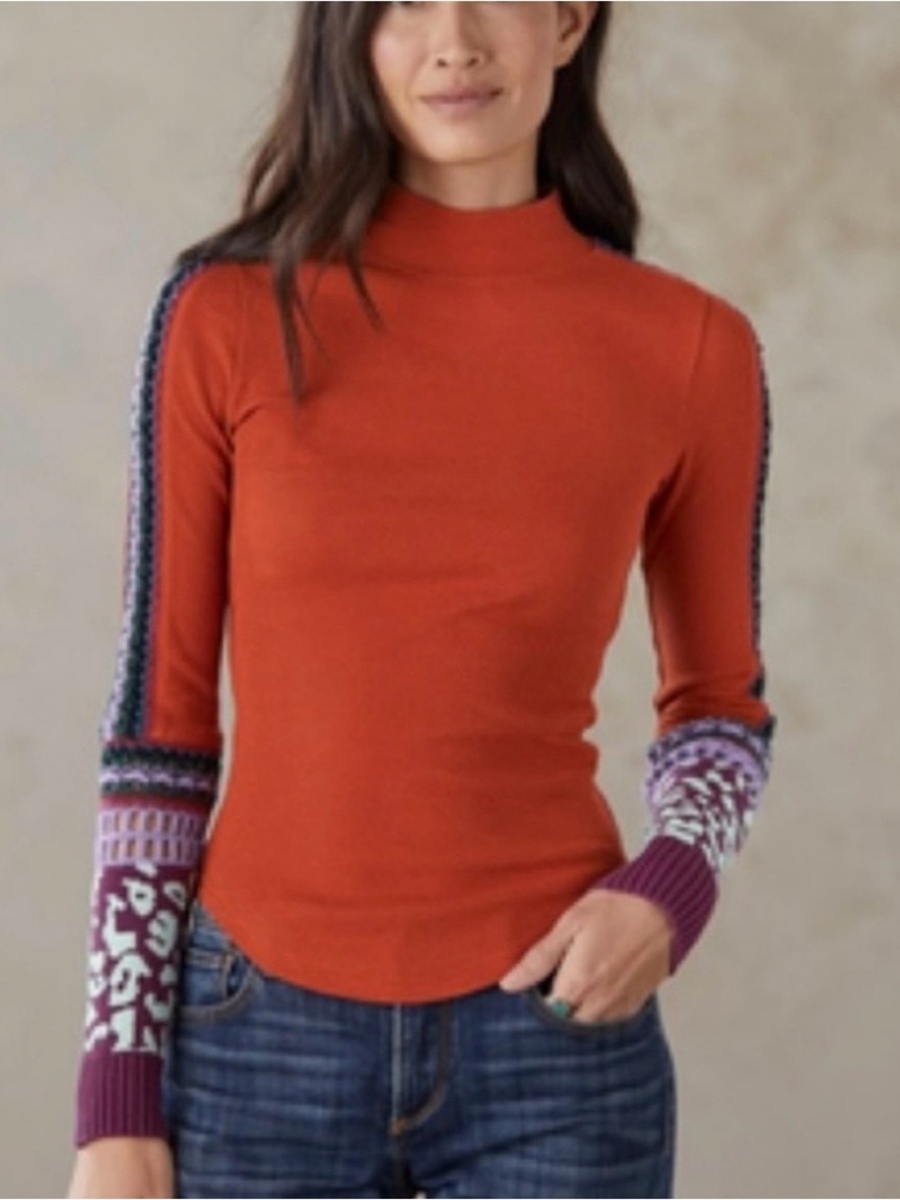 Free People Switch It Up Cuff Knit Thermal Top Womens Orange Crochet Trim Sz S